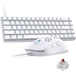 TMKB Falcon M1SE Gaming Mouse, T68SE 60% Mechanical Gaming Keyboard, LED Backlit, 12800DPI Optical Sensor with Brown Switch-White