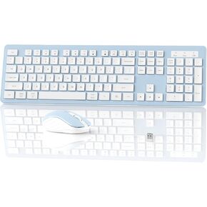 Wireless Keyboard Mouse Combo - 2.4Ghz Office Quiet Keyboard and Mouse Wireless - 104 Keys Full Size Ergonomic Key Board for Laptop, Computer, PC, Notebook (Full Size Blue White)