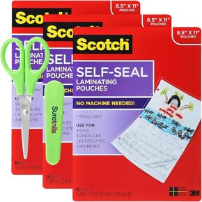 Self-Seal Laminating Pouches [10 Pouches] 9" x 11.5" Letter Size | Bundle with Paper Scissor | LS854-10G, No Laminator Needed, Photo Safe (Pack of 3) Clear