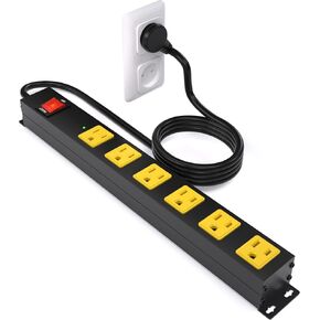 Heavy Duty 6 Outlet Metal Long Power Strip, 2700J Surge Protector with 15A Circuit Breaker, 6FT Extension Cord, Wall Mount for Garage, Workshop & Industrial Use, Wide Spaced (6ft)
