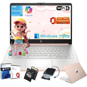 HP Student Business Laptop Computer - w/Microsoft Office Lifetime & External DVD Drive • 16GB RAM • 128GB UFS & 256GB Extend Micro SD • Intel 4-Core Processor • HD Display • Win11 Pro(Silver)