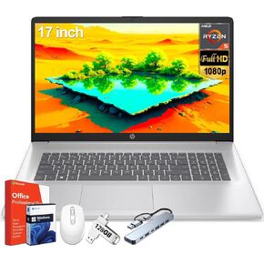 HP 17 inch Laptop, Microsoft Office Lifetime License & Windows 11 Pro, AMD Ryzen 5 7430U, 64 GB DDR4 RAM, 2 TB SSD, 17.3" FHD Display, AMD Radeon Graphics, Long Battery Life, Anti-Glare, Wi-Fi 6