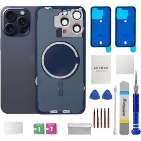 15 Pro max Back Glass Replacement with Metal Camera Frame & Magnet for iPhone 15 Pro max (6.7-inch Black) & Includes Replacement Tools