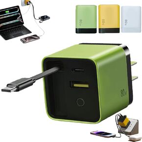 3 in 1 Charger, Retractable Phone Charger Wall Plug with Scalable 80w Max Fast Charging Module, Type C Cable and 2 USB Ports for iPhone, Phone, Laptops (Yellow)