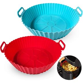 2 Pack Air Fryer Liners,8 Inch Silicone Airfryer Liners,Air Fryer Accessories,Reusable Baking Tray Oven Accessories,Replacement of Flammable Parchment Paper (Red Blue)