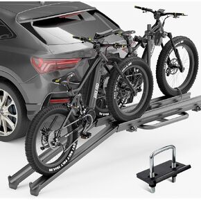2 EBike Rack with Ramp, up to 5" Fat Tire Bike Carrier, 200 LBS Capacity Bike Racks, Lockable & Foldable Electric Bicycle Holder Platform for Standard, Fits 2" Hitch for SUVs Vans Trucks Cars