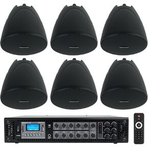 Rockville RCS180-6 180 Watt 6 Zone 70v Commercial/Restaurant Amplifier/Bluetooth Bundle with (6) PEN-40T Black 4" 70V Hanging Pendant Speaker Commercial/Restaurant