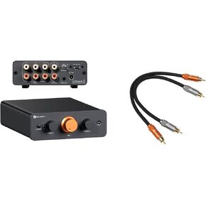 Fosi Audio 2RCA to 2RCA Cable 0.9Ft and Fosi Audio P4 Mini Preamp with 3 RCA Inputs, Home Audio Stereo Pre amp for Amplifier/Active Subwoofer/Speakers