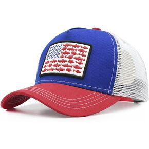 American Fish Flag Trucker Hat, Snapback Mesh USA Flag Baseball Caps, Fishing Gifts for Men Women Fisherman