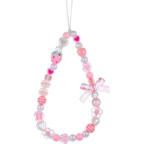 Phone Charm Strap, Pink Kawaii Phone Charm Aesthetic Strawberry Phones Charms Cute Love Case Charms with Bowknot Strawberry Beaded Pearl Phones Lanyard Wrist Strap Keychain for Women Girls