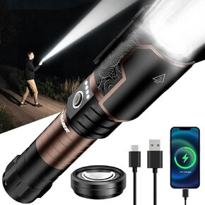 Flashlight 3000 High Lumens with Ignition Lens, Rechargeable Super Bright Zoomable LED Flash Light, 6 Modes Waterproof Handheld Powerful Tactical Flashlights for Camping Essentials Emergency