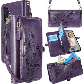Lacass for Samsung Galaxy A26 5G Case Wallet,[Cards Theft Scan Protection] Card Holder Zipper Leather Flip Cover Crossbody Wrist Strap with Stand (Floral Dark Purple)