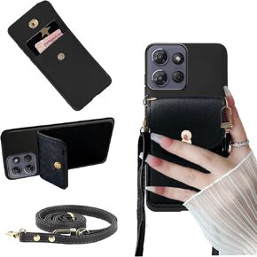 for Motorola Moto G-Power-5G-2025 Phone Case, G Power 5G 2025 Cover Wallet Back with Card Holder, PU Leather Crossbody Adjustable Detachable Lanyard Hands-Free | Stand Magnetic Closure, Black