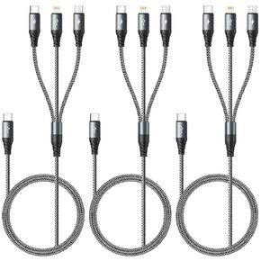 كابل USB C متعدد الشحن 3A ، [2pack 4ft] 3 في 1 شحن الكابل نايلون مضفر متعدد الشاحنات الشاحن سلك سريع الشحن iPhone مع Type-C ، Micro USB ، منفذ IP لـ iPhone16/15/14/Android والمزيد