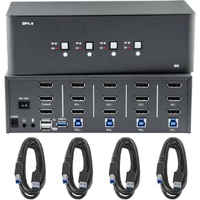 KVM Switch 3 Monitors 4 Computers, 8k Displayport Switch with USB 3.0 Cable, Jack, 4 Computers Share a Set of Keyboard, Mouse, Support Windows/Mac/Linux (Triple Monitor)