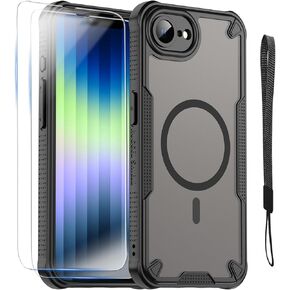 for iPhone 16E Case with Magsafe Magnetic Slim Shockproof Protective Case,Translucent Matte Back with Lanyard Strap and 2 * 9H Tempered Glass Screen Protector Phone Cover 6.1-inch-Green