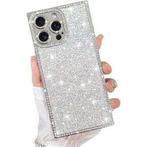 for iPhone 16 Pro Max Bling Case for Women Girls, Glitter Sparkly Rhinestone Crystal Diamond, Rectangle Luxury Plating TPU Shockproof Protective Phone Cover, with Screen Protector, Silver