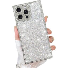 for iPhone 16 Pro Max Bling Case for Women Girls, Glitter Sparkly Rhinestone Crystal Diamond, Rectangle Luxury Plating TPU Shockproof Protective Phone Cover, with Screen Protector, Silver in Saudi Arabia