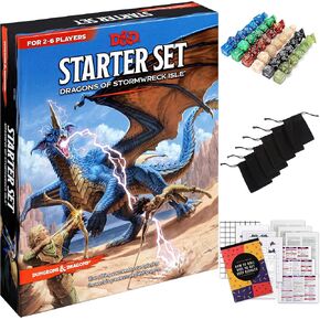 مجموعة CraftyCrocodile Dungeons and Dragons Starter - الإصدار السادس، Dragons of Stormwreck Isle - 6 مجموعات إضافية من النرد، وأكياس الفانيلا، وشاشة رئيسية، وأبطال جدد - تتضمن لعبة D&D Board مواد قابلة للطباعة