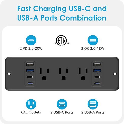 HHSOET 14 in 1 Fast Charging Recessed Power Strip, 20W Furniture Power Outlet, Flush Mount Surge Protection with 6 AC Plugs, 4 USB-A and 4 USB-C, 6ft Power Cord. (Black) in Kuwait