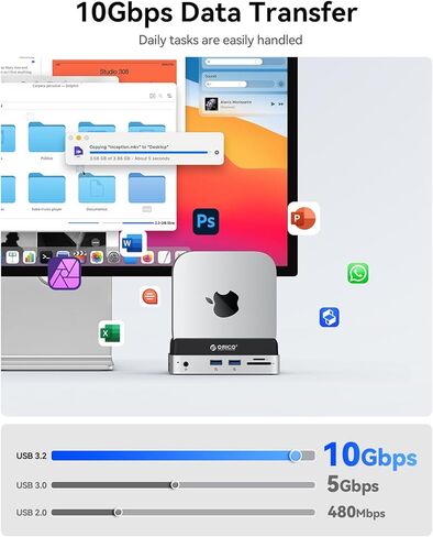 orico minidock mac mini m4 dock والوقوف مع حاوية m.2 SSD (SSD غير مدرج) لـ Mac Mini M4 و M4 Pro 2024 ، 2xusb A 10gbps ، فتحات بطاقة SD/TF ، صوت 3.5 مم (VSE) in Kuwait