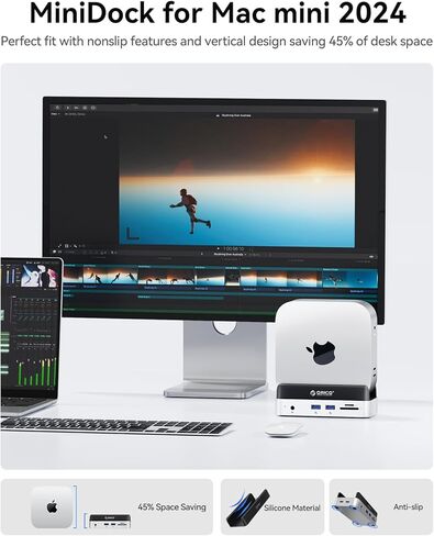 orico minidock mac mini m4 dock والوقوف مع حاوية m.2 SSD (SSD غير مدرج) لـ Mac Mini M4 و M4 Pro 2024 ، 2xusb A 10gbps ، فتحات بطاقة SD/TF ، صوت 3.5 مم (VSE) in Kuwait