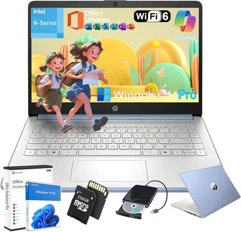 HP Student Business Computer - W/Microsoft Office Lifetime & Offc DVD محرك أقراص DVD • ذاكرة الوصول العشوائي 16GB • 128GB UFS و 256GB تمديد Micro SD • معالج Intel 4 -Core • HD Display • Win11 Pro (Silver) in Kuwait