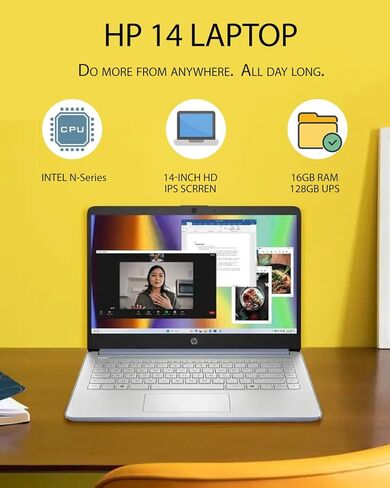 HP Student Business Computer - W/Microsoft Office Lifetime & Offc DVD محرك أقراص DVD • ذاكرة الوصول العشوائي 16GB • 128GB UFS و 256GB تمديد Micro SD • معالج Intel 4 -Core • HD Display • Win11 Pro (Silver) in Kuwait