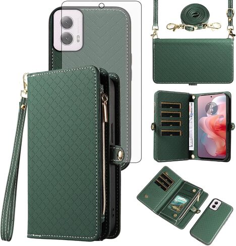 Asuwish Phone Case for Motorola Moto G Power 5G 2024 Zipper Wallet Detachable Cell Cover with Tempered Glass Screen Protector Crossbody Lanyard Strap Flip Card Holder Slot G5 Women Men Girls White in Kuwait