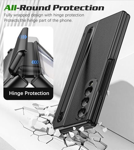 for Samsung Galaxy Z Fold 3 Case with [S Pen] [with Screen Protector & Hinge Protective] Leather Back Case, Protective Phone Case for Samsung Galaxy Z Fold 3 5G Phone Case with S Pen Black in Kuwait