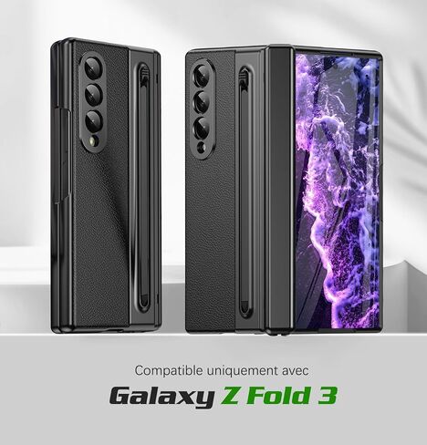 for Samsung Galaxy Z Fold 3 Case with [S Pen] [with Screen Protector & Hinge Protective] Leather Back Case, Protective Phone Case for Samsung Galaxy Z Fold 3 5G Phone Case with S Pen Black in Kuwait