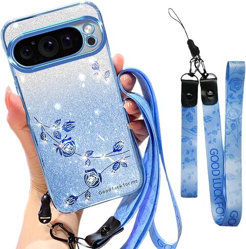 for Google Pixel 9 and Pixel 9 Pro Case, Glitter Clear Floral TPU Phone Cover with Crossbody Lanyard and Wrist Strap, Bling Women Girls Protective Case for Google Pixel 9/9 Pro – YSS Pink in Saudi Arabia