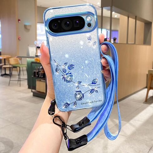 for Google Pixel 9 and Pixel 9 Pro Case, Glitter Clear Floral TPU Phone Cover with Crossbody Lanyard and Wrist Strap, Bling Women Girls Protective Case for Google Pixel 9/9 Pro – YSS Pink in Saudi Arabia