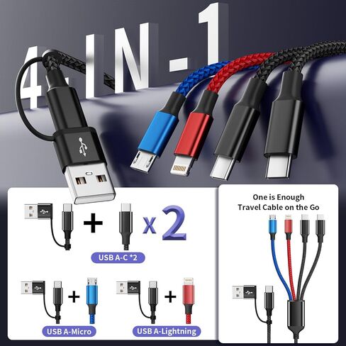 Travel USB C Cable, 5FT USB C Splitter 4 IN 1 Multi Charging Cable with 4 Typ-C Ports for Multiple Devices, Fast Charging for iPhone 16/15, iPad, Galaxy S25/S24, Android, PS5, Mini Fans and More in Kuwait