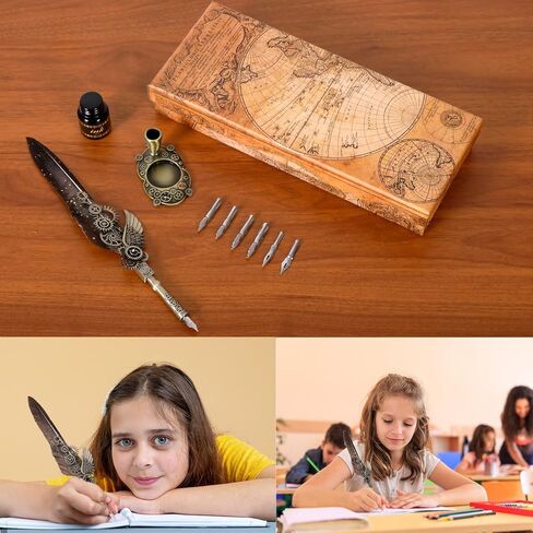 ايفيتر مجموعة اقلام ريش، مجموعة اقلام الخط تتضمن قلم ريشة، قلم غمس خشبي، 6 رؤوس بديلة، قاعدة حامل قلم، حبر 15 مل، قلم فاخر كلاسيكي مميز - اخضر in Kuwait
