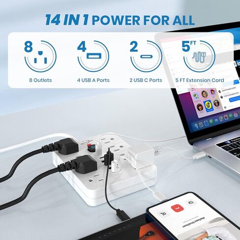 حامي Jouleloom Power Strip Surge مع 11 منفذًا ، 4 منافذ USB و 2 USB C ، سلك تمديد 5 قدم ، قابس مسطح ، حائط ، محطة شحن USB حماية الزائد للمنزل ، Office （White） in Kuwait