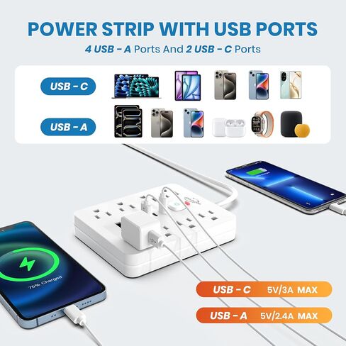 حامي Jouleloom Power Strip Surge مع 11 منفذًا ، 4 منافذ USB و 2 USB C ، سلك تمديد 5 قدم ، قابس مسطح ، حائط ، محطة شحن USB حماية الزائد للمنزل ، Office （White） in Kuwait
