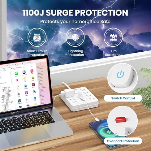 حامي Jouleloom Power Strip Surge مع 11 منفذًا ، 4 منافذ USB و 2 USB C ، سلك تمديد 5 قدم ، قابس مسطح ، حائط ، محطة شحن USB حماية الزائد للمنزل ، Office （White） in Kuwait