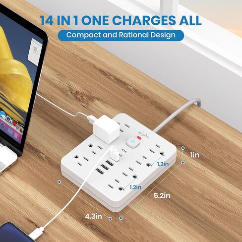حامي Jouleloom Power Strip Surge مع 11 منفذًا ، 4 منافذ USB و 2 USB C ، سلك تمديد 5 قدم ، قابس مسطح ، حائط ، محطة شحن USB حماية الزائد للمنزل ، Office （White） in Kuwait
