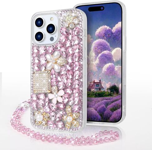 Losin Compatible with iPhone 16 Pro Max Bling Case with Lanyard Strap Luxury 3D Diamond Crystal Rhinestone for Women Girls Glitter Sparkle Case Shiny Gemstone Perfume Bottle and Flower Cover, Clear in Kuwait