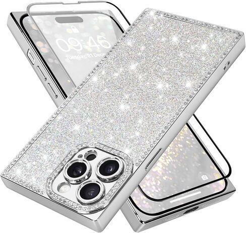 بالنسبة لـ iPhone 16 Pro Max bling Case for Women Girls ، Glitter Sparkly Rhinestone Crystal Diamond و Rectangle Luxury Plating TPU Wrackproof Protection Wover ، مع واقي الشاشة والفضة in Saudi Arabia
