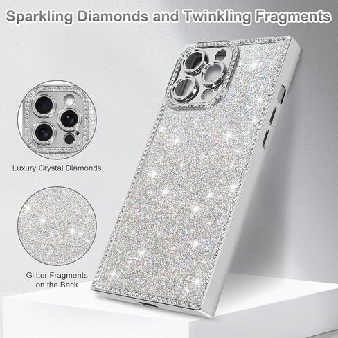 بالنسبة لـ iPhone 16 Pro Max bling Case for Women Girls ، Glitter Sparkly Rhinestone Crystal Diamond و Rectangle Luxury Plating TPU Wrackproof Protection Wover ، مع واقي الشاشة والفضة in Saudi Arabia