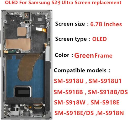 OLED GALAXY S23 استبدال الشاشة Ultra لـ SAMSUNG S23ULTRA 5G DISPACK Touch Screen Digitizer Assembly S918U S918B/DS S918U1 S918W S918E LCD Support Phunsprint و S-PEN (مع إطار أخضر+أدوات) in Kuwait