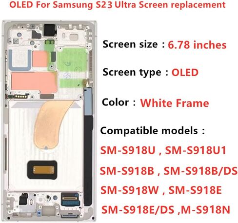 OLED GALAXY S23 استبدال الشاشة Ultra لـ SAMSUNG S23ULTRA 5G DISPACK Touch Screen Digitizer Assembly S918U S918B/DS S918U1 S918W S918E LCD Support Phunsprint و S-PEN (مع إطار أخضر+أدوات) in Kuwait