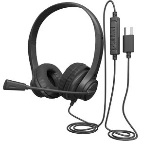 Wired Stereo Leather Headset with Rotating Noise-Canceling Boom Microphone, in-Line Controls, USB Type-C, 7ft Cable for PC and Laptop Black
