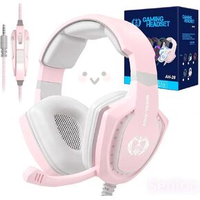 Pink Gaming Headset with Mic for PC Computer Mac Laptop, Over-Ear Wired Gaming Headphones with Microphone, Volume Control, Compatible with PS4 Xbox PS5 Controller Phone