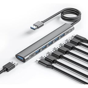 USB Hub Long Cable, 8 Ports USB 3.0 Adapter with 6 USB 3.0 Data Ports,USB-C Data,USB Splitter with USB C 5V/3A Power Port, 47IN/120CM Main Cable for Laptop PC