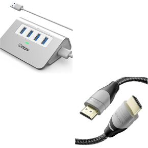 Aluminum 4-Port USB 3.0 Hub, 5Gbps Data Sync, Compatible with Laptops, PCs, Gaming Consoles & More, Includes 3M HDMI 8K Cable