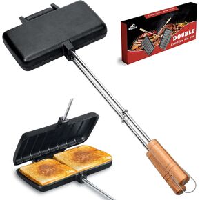 Double Pie Iron for Camping Cast Iron, Pre-seasoned Cast Iron Campfire Sandwich Maker, Mountain Pie Maker, Portable Campfire Cooking Equipment Camp Cooker