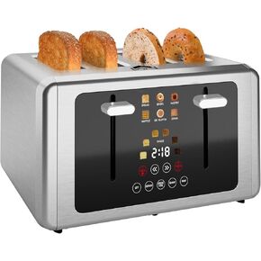 4 Slice Toaster, Touchscreen & Dual Independent Control Panel，5 Basic Functions & Digital Countdown Toasters, 6 Shade Settings＆6 Bread Types, Smart Bread Maker Mute/Screen-Off,Titanium
